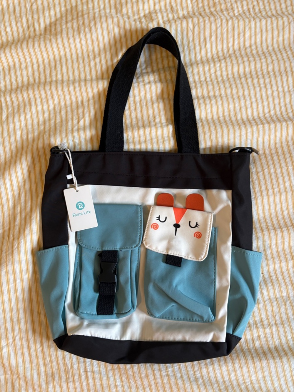 Cute Blue Multi-Pocket Tote Bag with Animal Flap